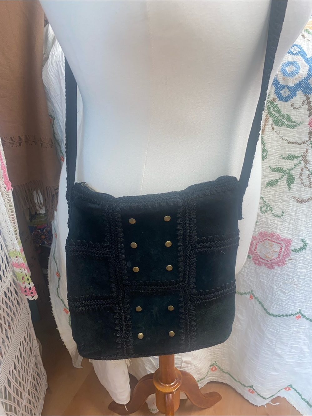 The Sak -vintage Black Suede & Woven Crossbody with Braided Trim and Brass Studs